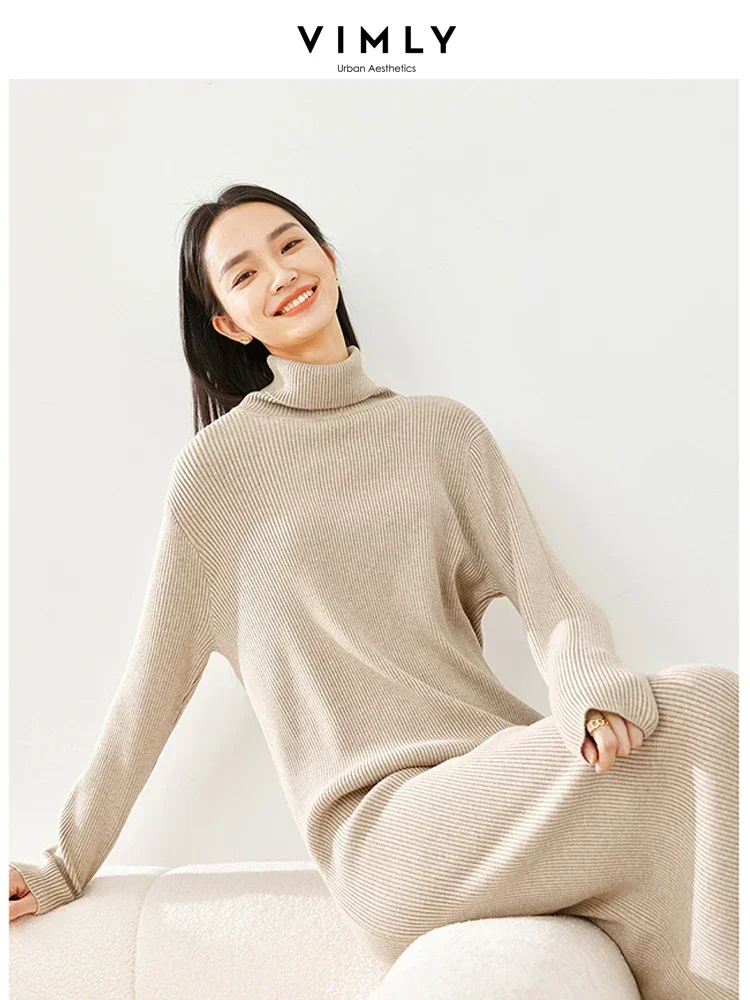 Vimly Turtleneck Knitted Dress for Women 2023 Winter Knitwear High Strecth Loose Pullover Long Sleeve Midi Sweater Dresses 16339