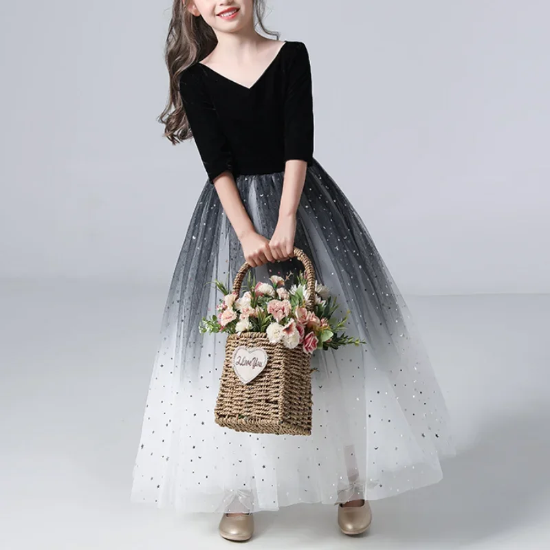 Customized V-neck Temperament Simple Flower Girls Dress Half Sleeve Elegant Mesh Tiered Kid Birthday Party Dresses Slim Fit Long