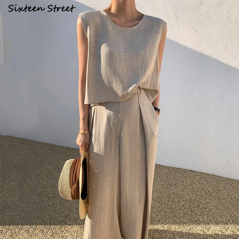 Khaki Chic Sleeveless Tops and High Waisted Trousers Women Pant Sets 2023 Spring Summer Korean 2 Piece Sets Office Ladies