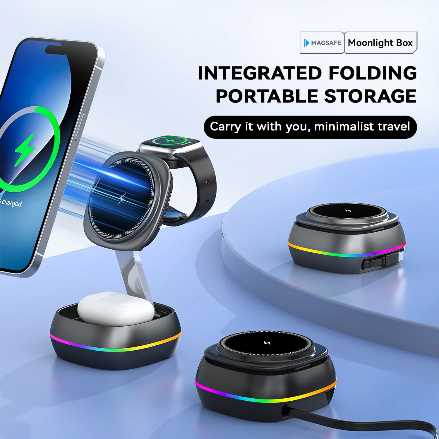 New Design Led Light 3 In 1 Magnetic Wireless Charger Stand Foldable Mini 15w Fast Wireless Desktop Charging Station