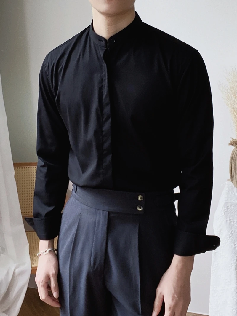 

Casual retro Zhongshan collar Italian slim-fit versatile no-iron stand-up collar shirt