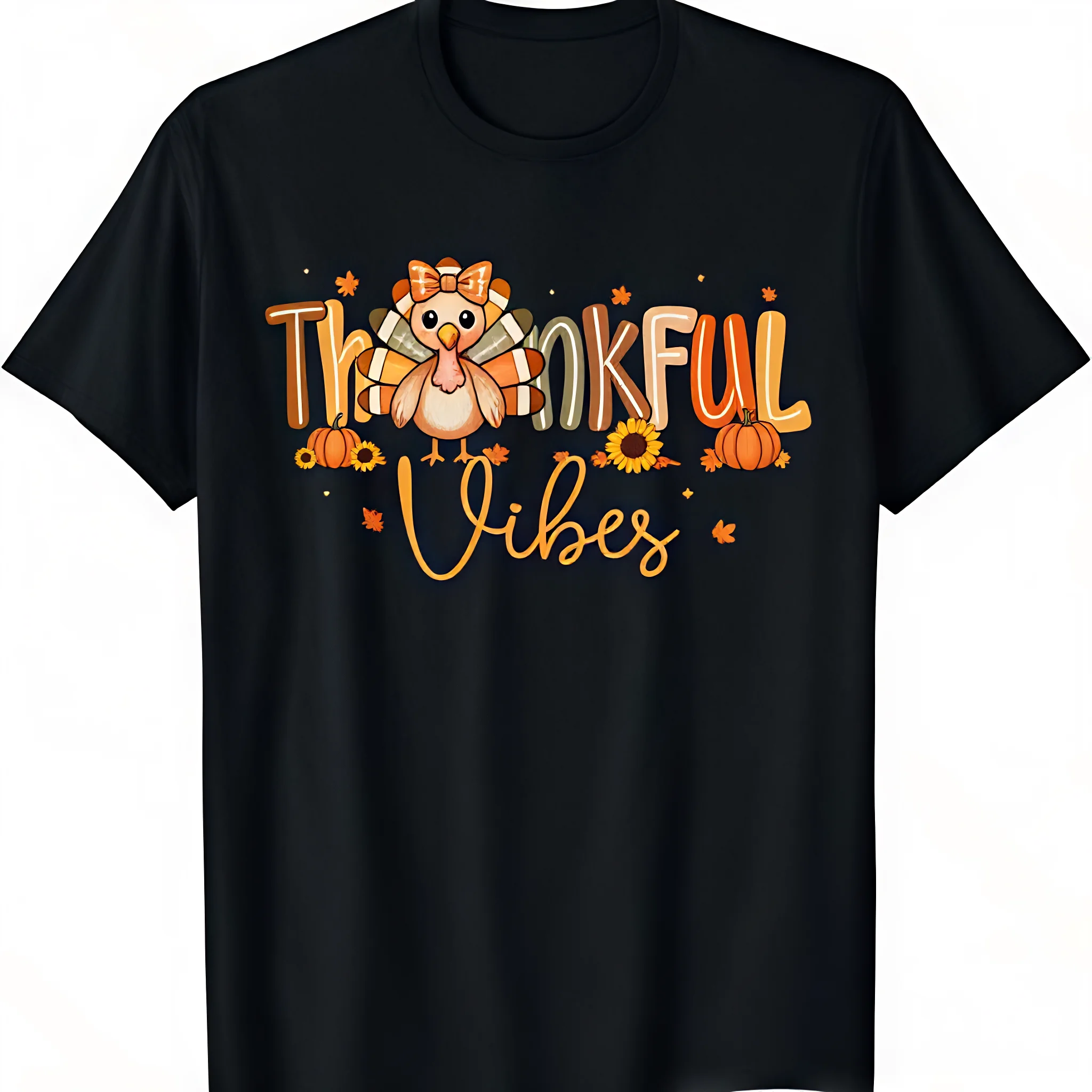 180GSM Pure Cotton Thankful Vibes Cute Turkey Thanksgiving Graphic Tee, Soft Stain Resistant Holiday Casual T-Shirt For Women And Girls