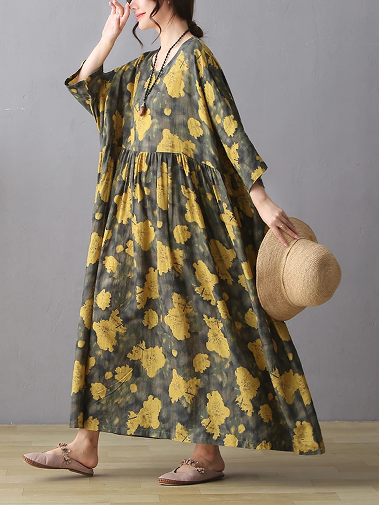 NYFS 2023 Autumn New Vintage Long Dress Vestidos Robe Ete Femme Elbise Loose Cotton Linen holiday Print  Long Sleeve Woman Dress