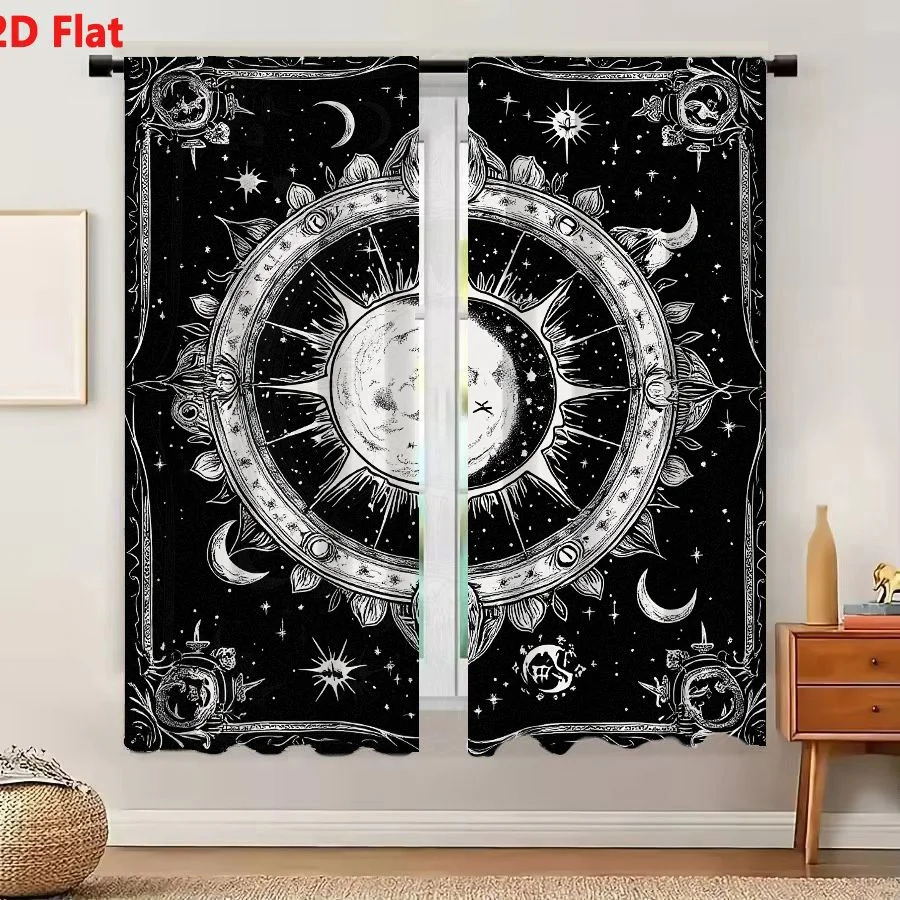 2Pcs Curtains 2D Flat Vintage Celestial Sun And Moon With Airplane Ornate Border Illustration Window Drapes for Bedroom Room Dec