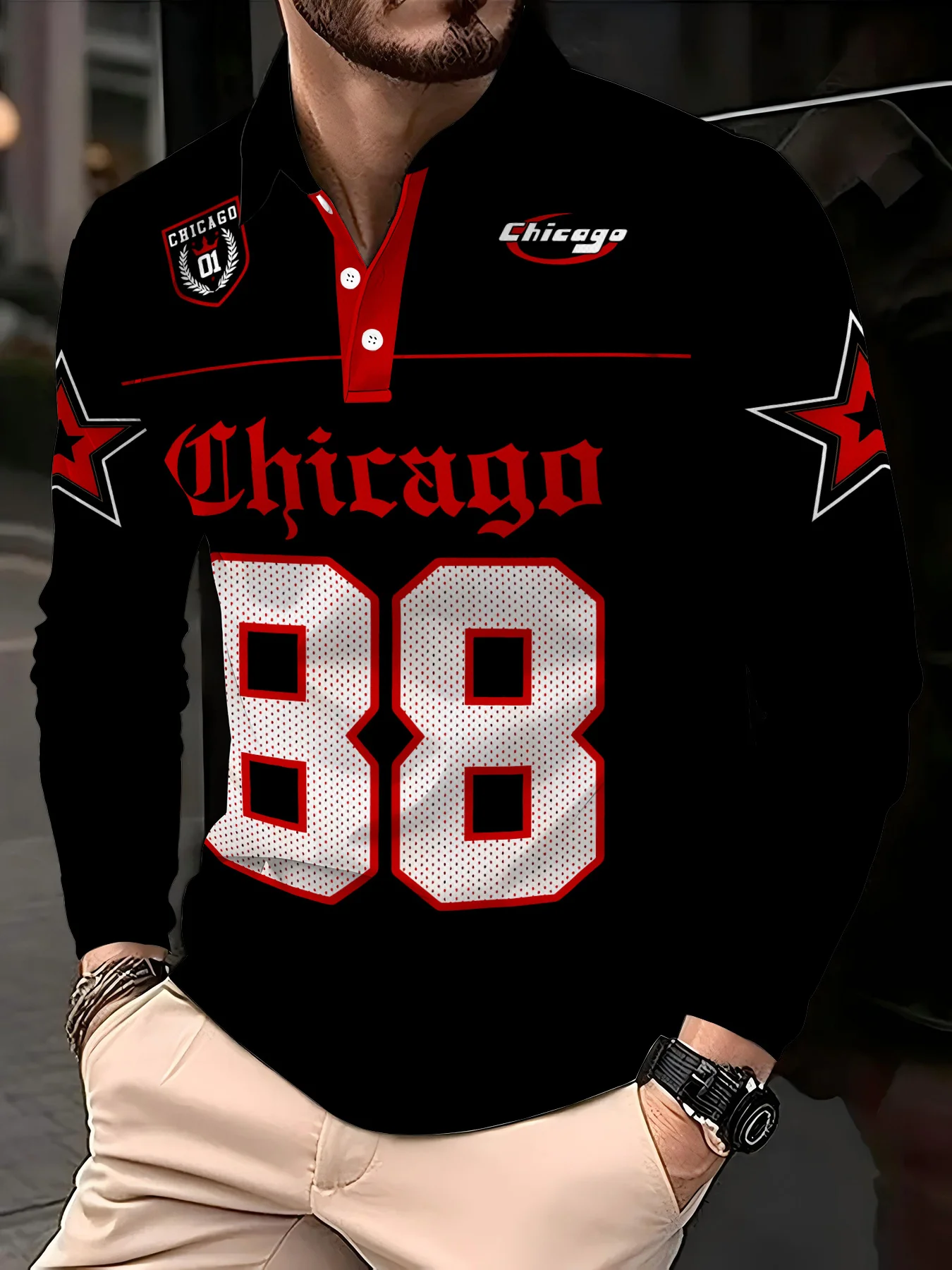 Spring/Summer New Style Men's Long-Sleeved Polo Shirt with 3D Print - Comfortable Casual Sporty Outdoor Clothing