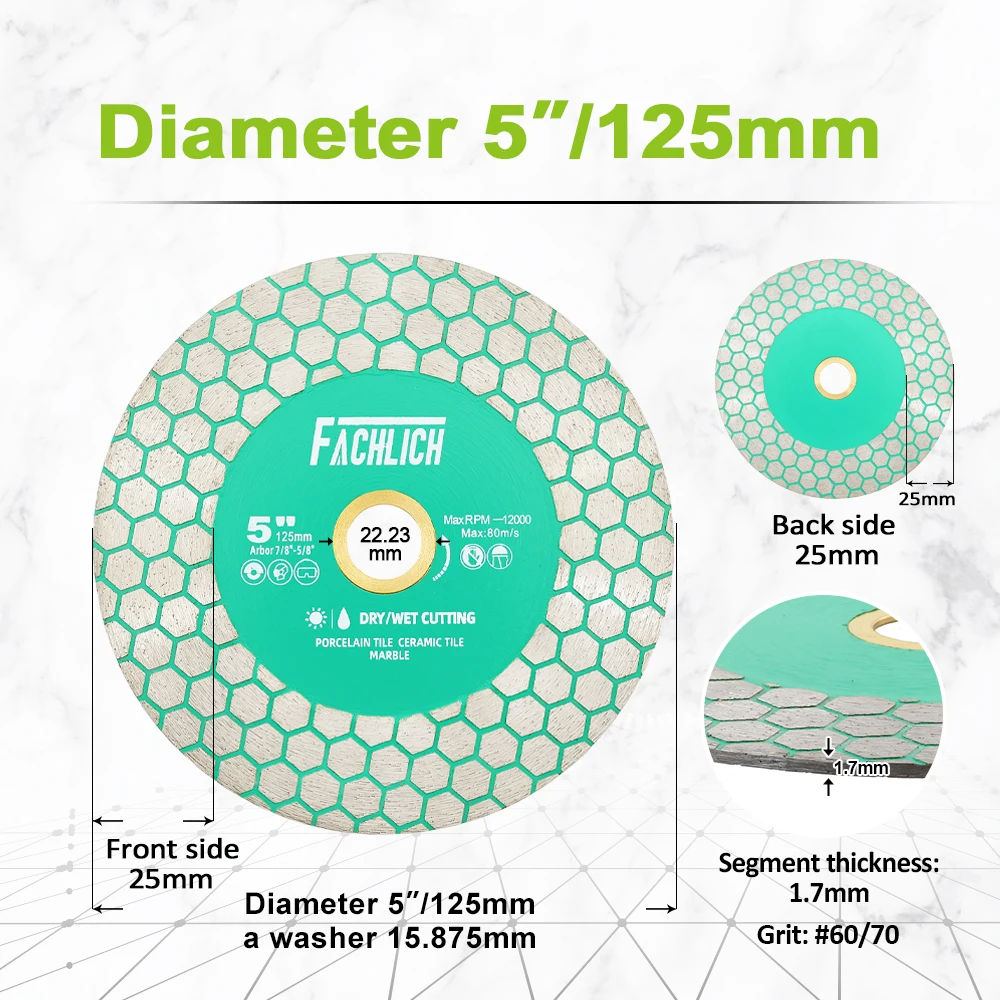 FACHLICH 1pc 5"/Dia125mm Diamond Cutting Disc Grinding Plate Double-side Ceramic Tile Porcelain Circular Saw Blade Angle Grinder