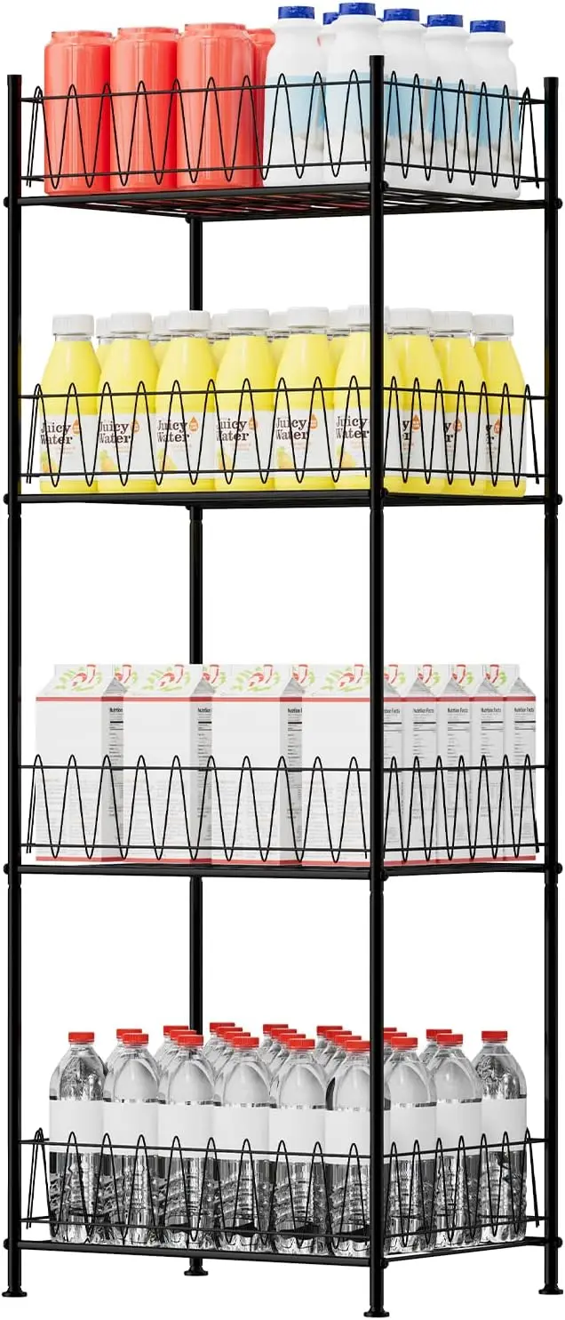 

Water Bottle Organizer Rack 4 Tier Free Standing Bottled Water Organizer for Floor, Metal Beverage Soda Can Dispenser Shelf Hol