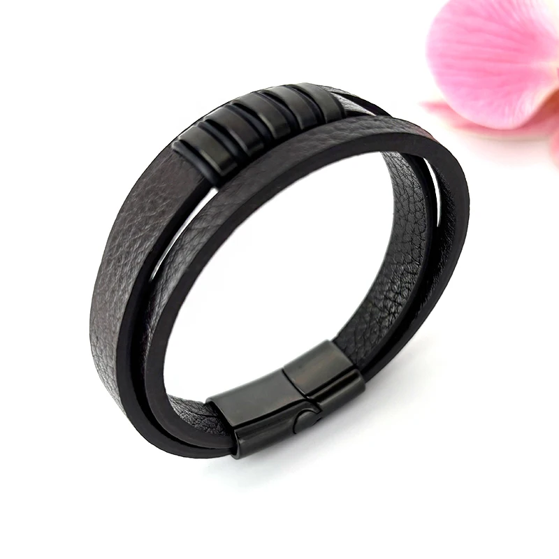 Classic multi-layers Black Brown Leather Bracelet 19,21,23cm Size Choose Stainless Steel Magnetic Buckle Fashion Charm Bracelet