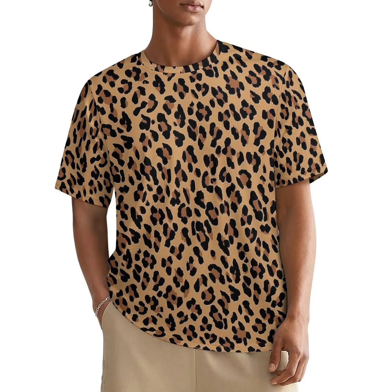 Tan Leopard Print T Shirt For Male Animal O Neck T-Shirts Summer Trendy  Clothing Short-Sleeve Oversized Tees Birthday Present