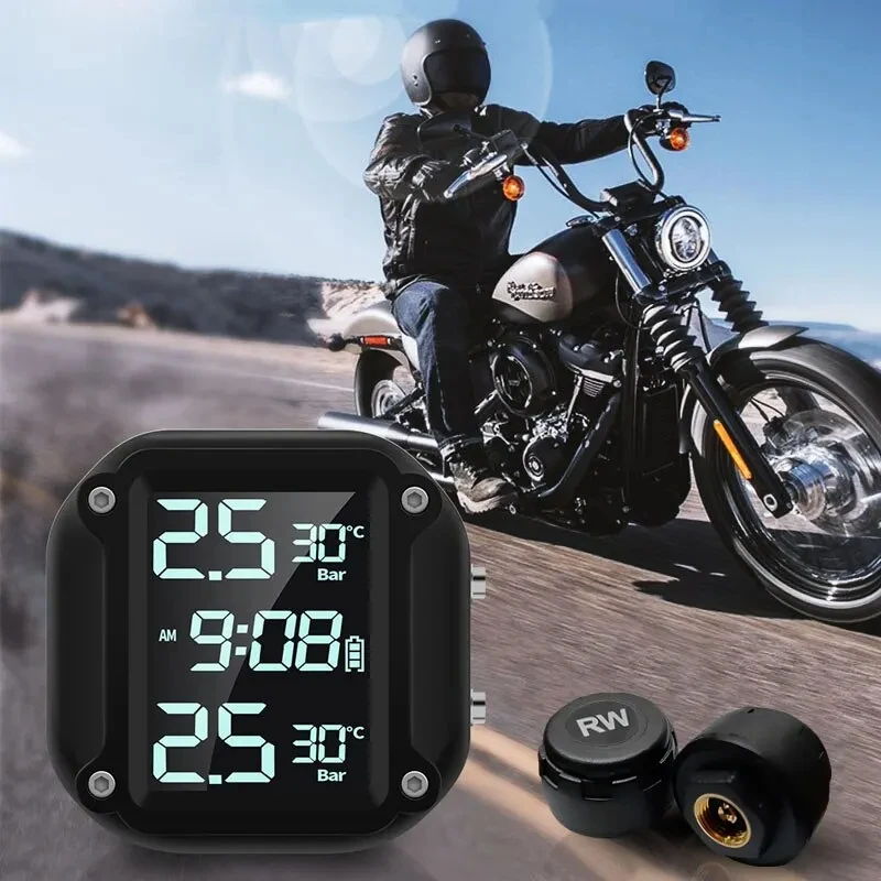 Motorcycle Wireless TPMS LCD Display Real Time Alerts Waterproof External Sensors Tire Pressure Temperature Monitor Safe Ride