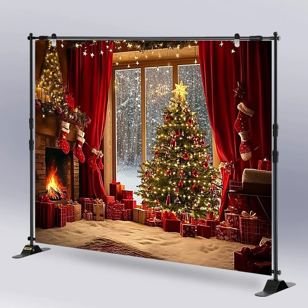 1pc Festive Christmas Tree and Fireplace Fabric Decoration - Cozy Holiday Scene with Snowy Window Glass, Golden Wreath & Warm Fi