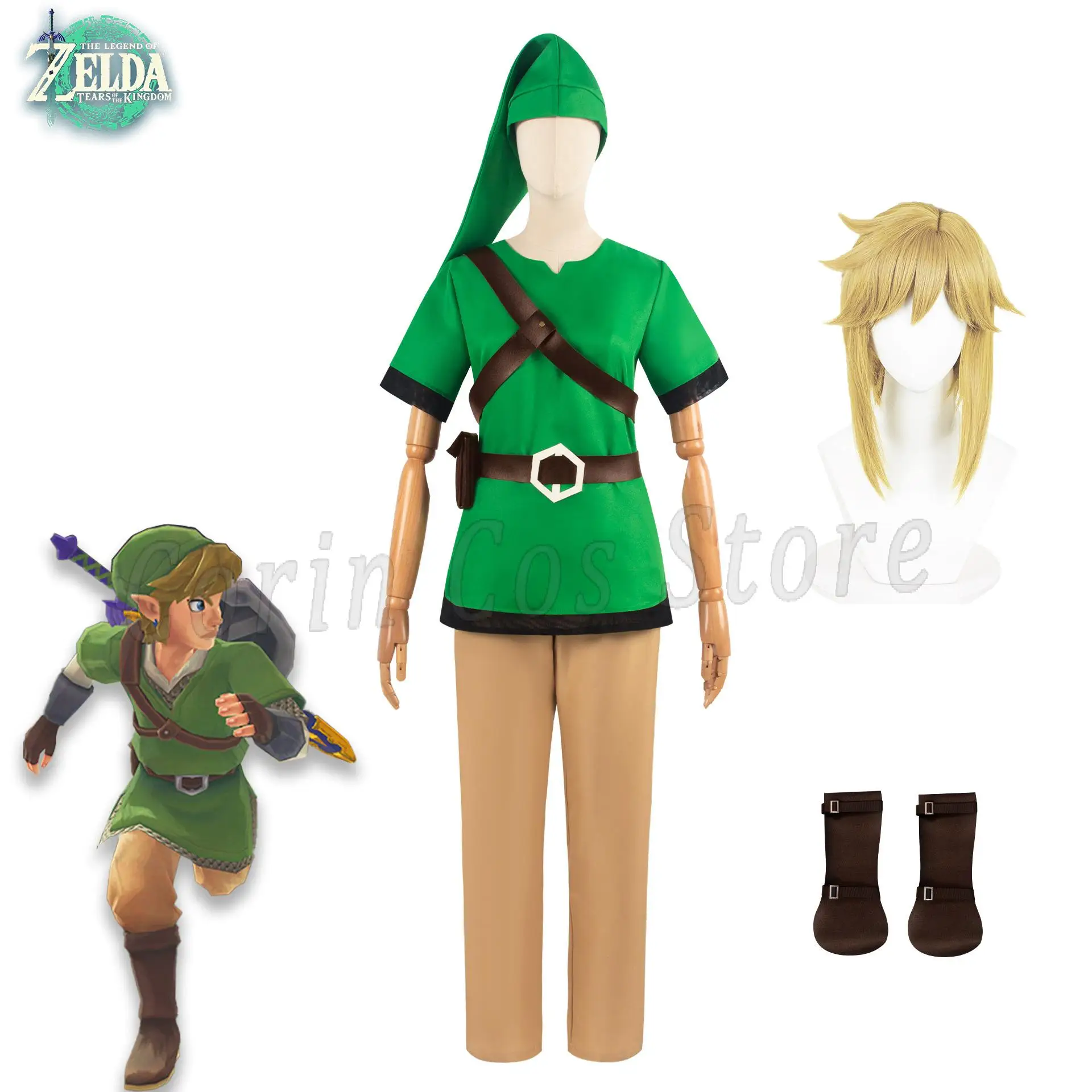 

Anime Games Cosplay Skyward Sword Link Cosplay Costume Green Uniform Pants Hat Gloves Cloak wig Clothes Outfits Halloween Suit