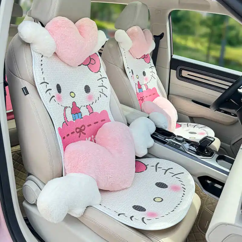 

Car Seat Cushion Summer Ice Silk Cute Sanrio HelloKitty Breathable Three-piece Set Girl Seat Cover Universal in All Seasons Gift