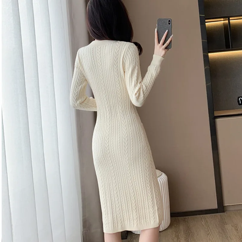 #2442 Beige Knitted Pencil Dress Women V-neck Single Breasted Elastic Sweater Dress Femme Long Sleeve France Style Bodycon Dress