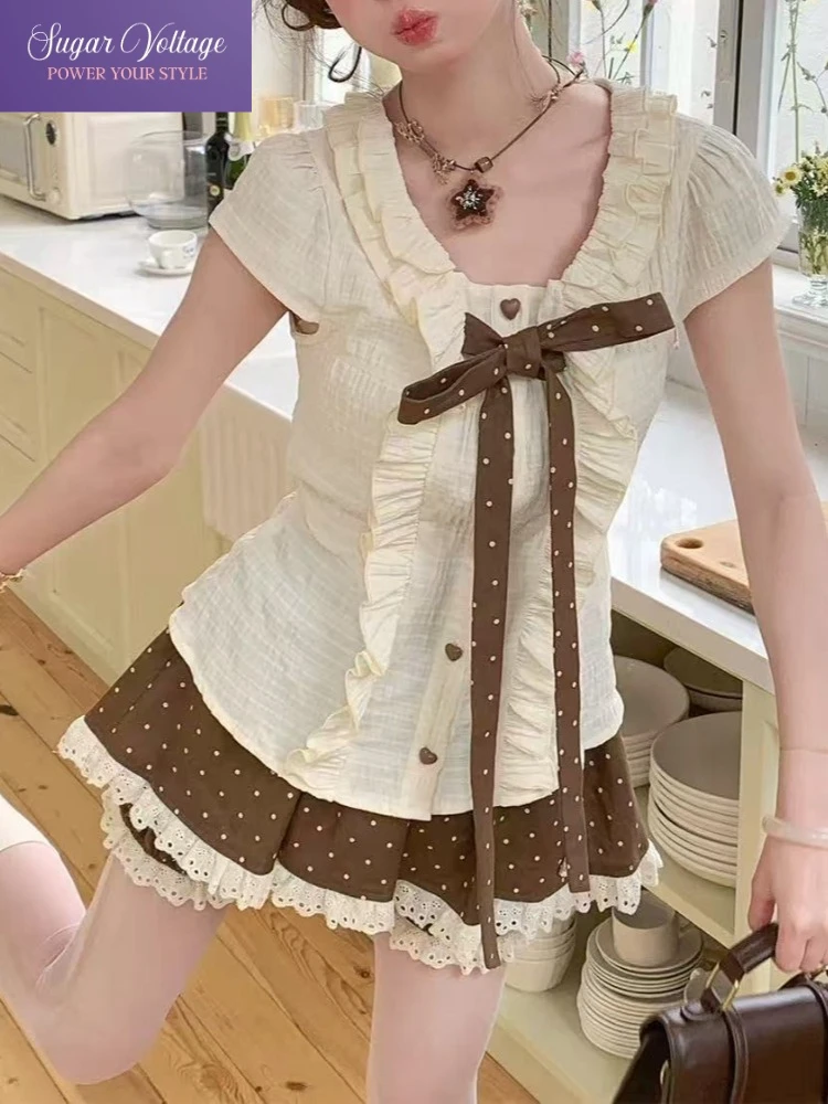 

Japanese Sweet Cute 2 Piece Set Women Slim Ruffle Trim Bow Blouse + Lace Polka Dot Mini Skirt Summer Casual Chic Kawaii Outfits