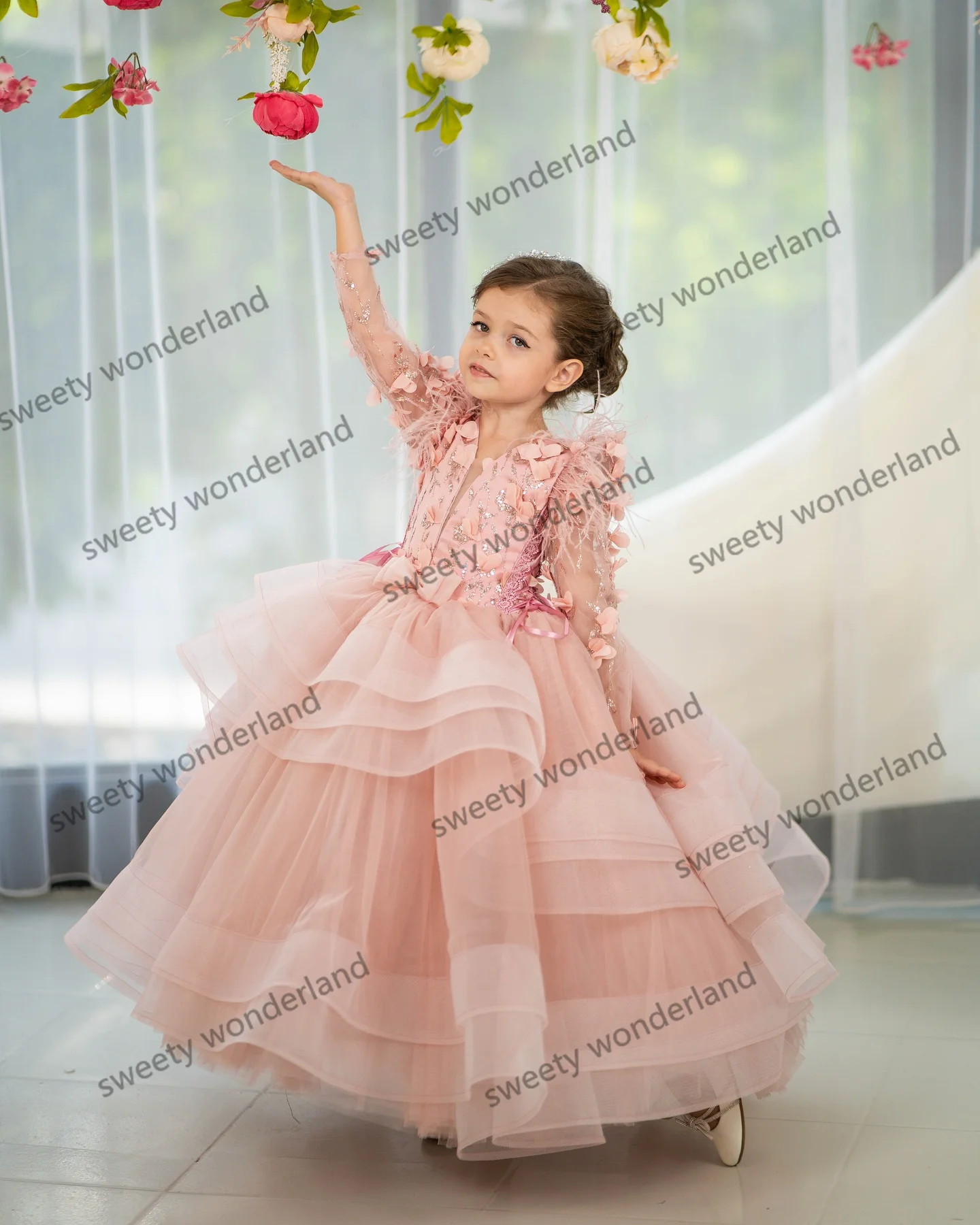 Vestidos De flores De hadas para niñas, manga larga, volantes escalonados, apliques florales, Vestido De Novia para niños, Vestido Formal para fiesta De cumpleaños