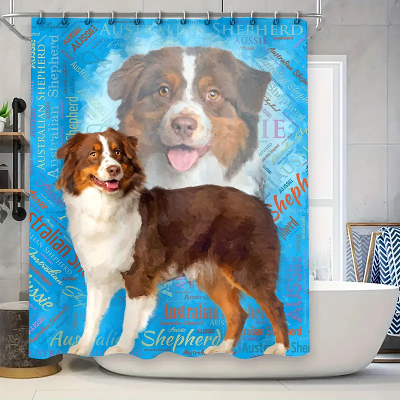 Australian Shepherd Shower Curtain Blue Background with Dog Print Waterproof Fabric for Home Decor in Bathrooms Kitchens (TSA230