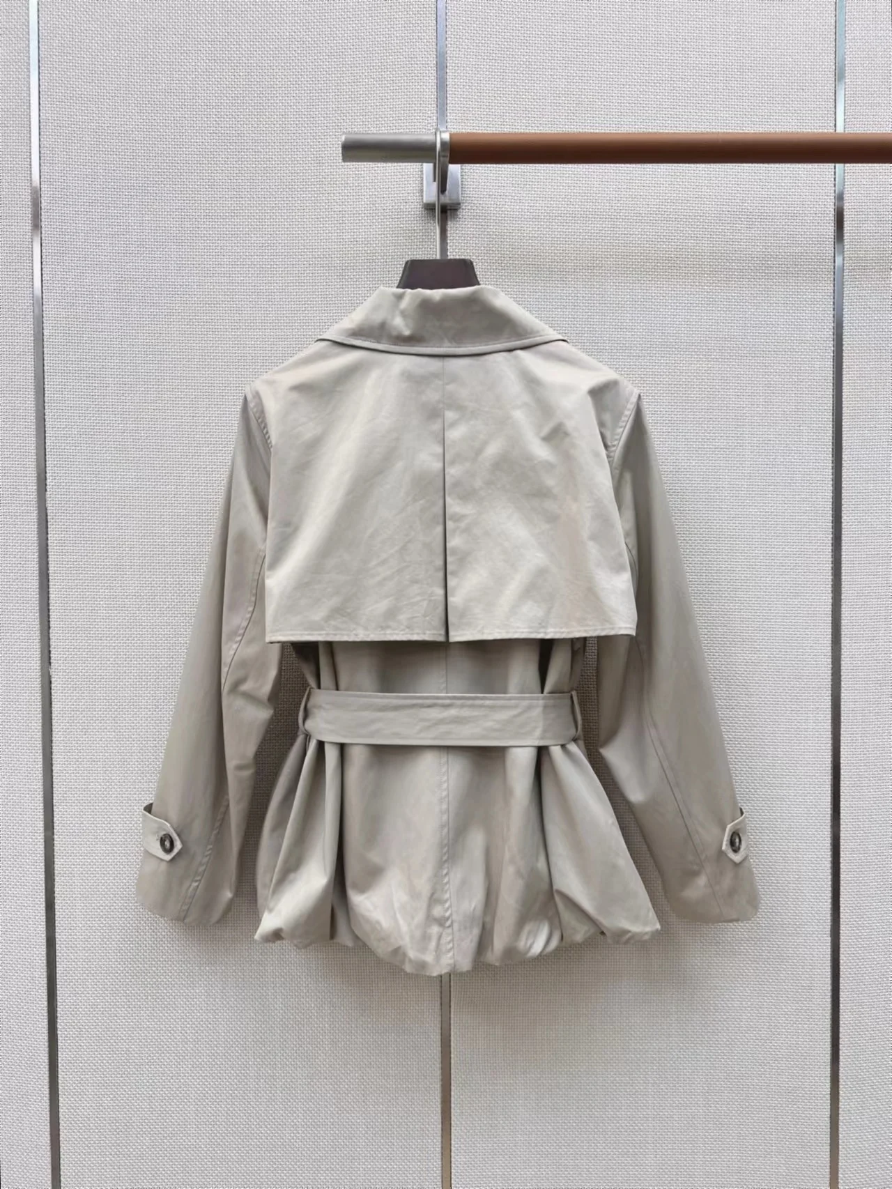 Women Khaki Short Trench Coat Double Breasted With Belt Bud Hem Casual Windbreaker Outerwear For Office Daily Wear