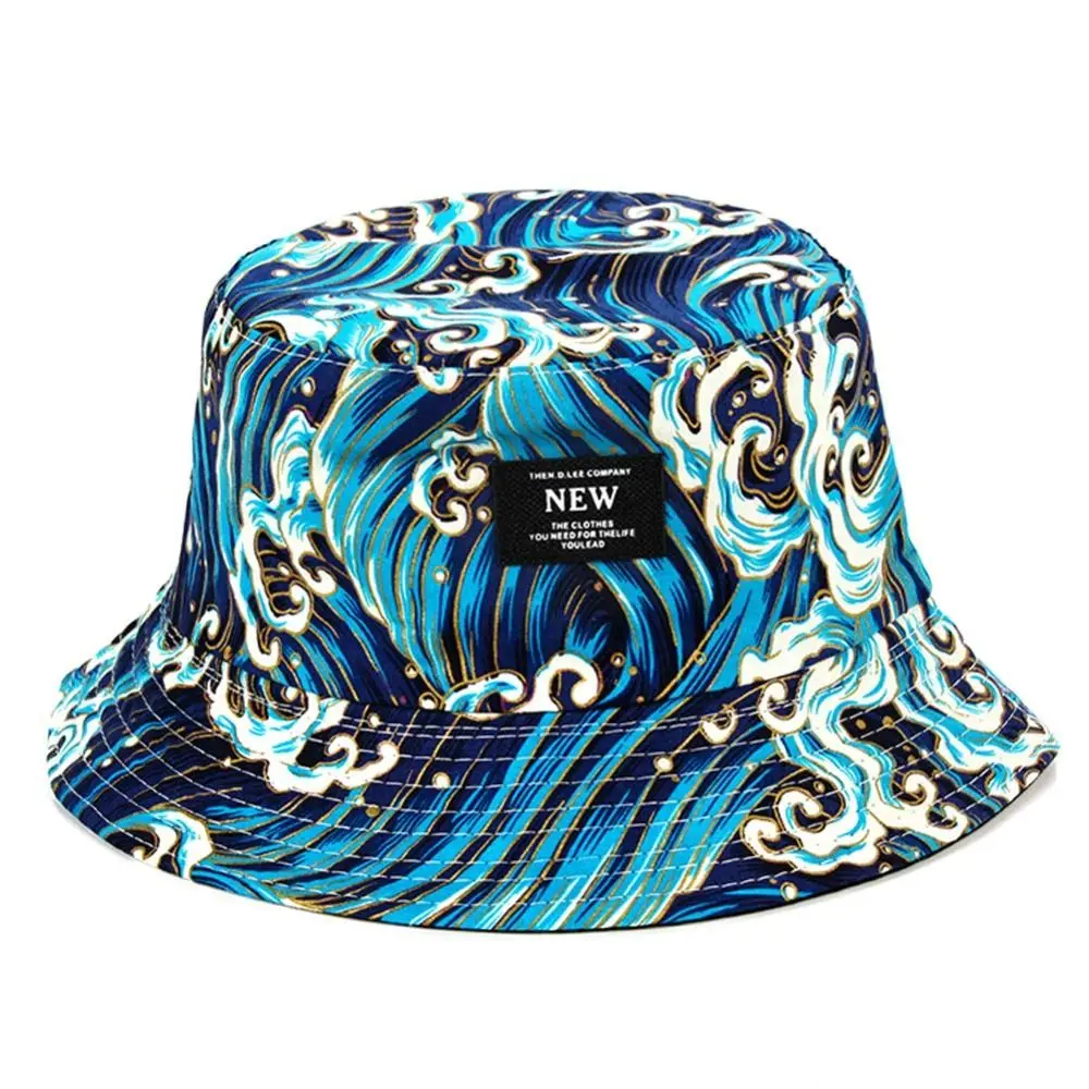 Trendy Packable Reversible Bucket Hat Sea Waves Pattern UV Protection Sun Hat Durable Casual Beach Cap For Men Women
