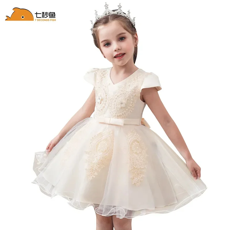 Enfant Dresses 2023 Girl Summer White Pink Short Sleeves Lolita Birthday Princess Korean Style Vestidos