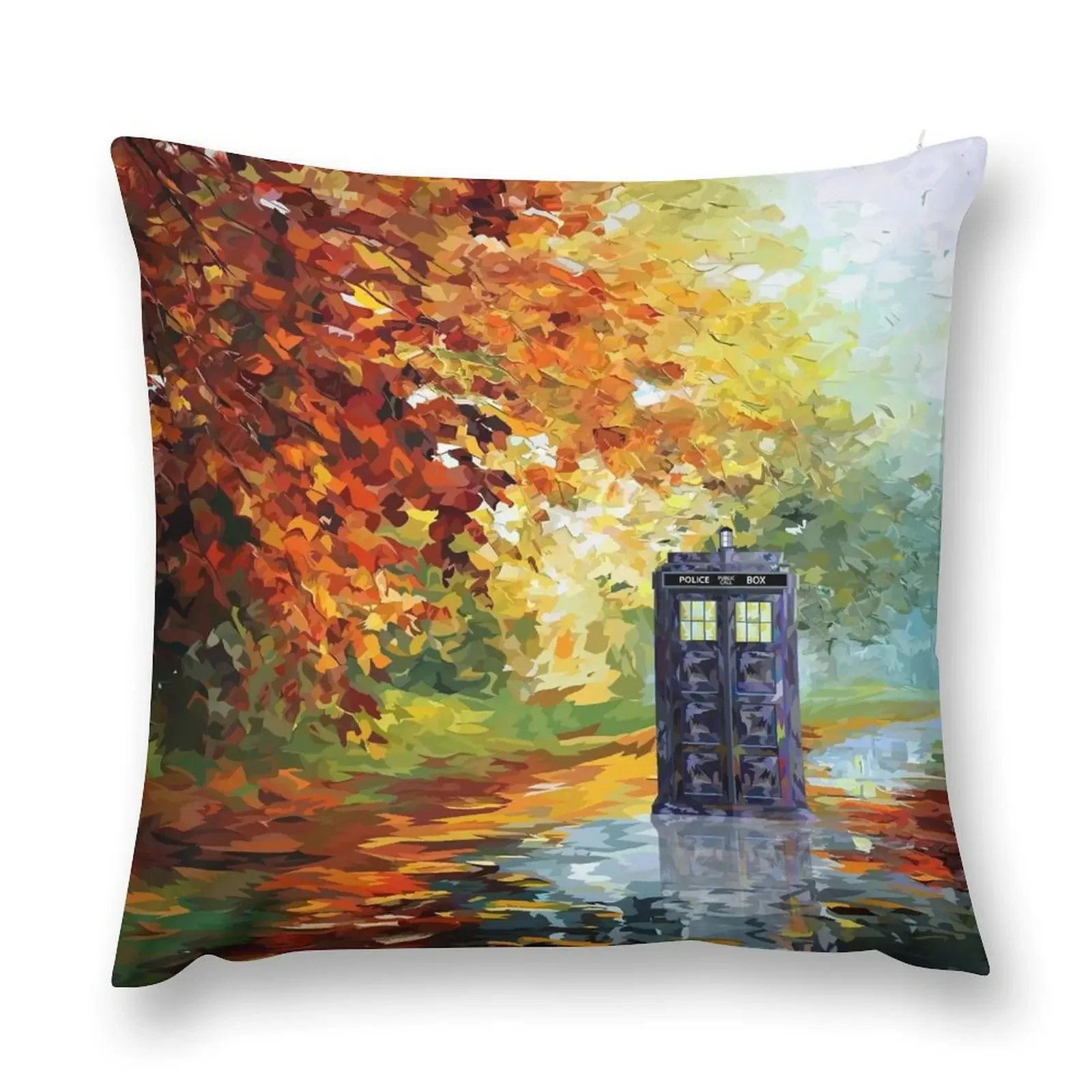 Blue Phone booth with autumn views Throw Pillow Room decorating items Cushion Covers For Living Room Cushions Cover pillow