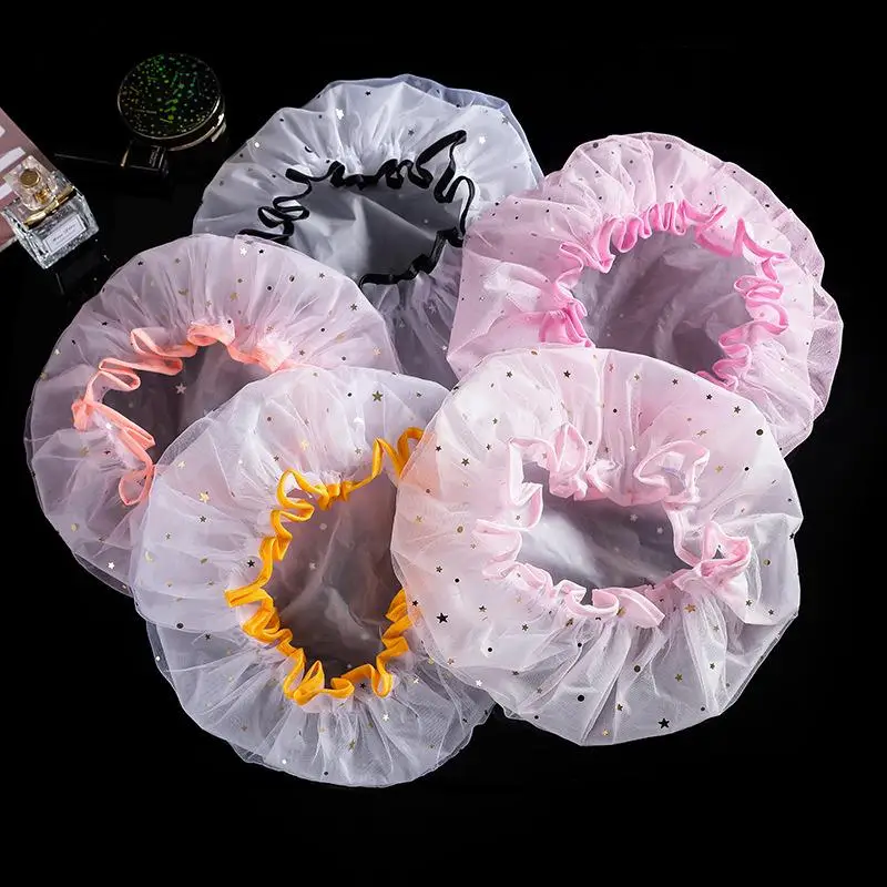 Double Layer Shower Cap Cute Cartoon Printed Waterproof Bath Cap Bath Hat Hair Cover Reusable For Women Bathroom Shower Use