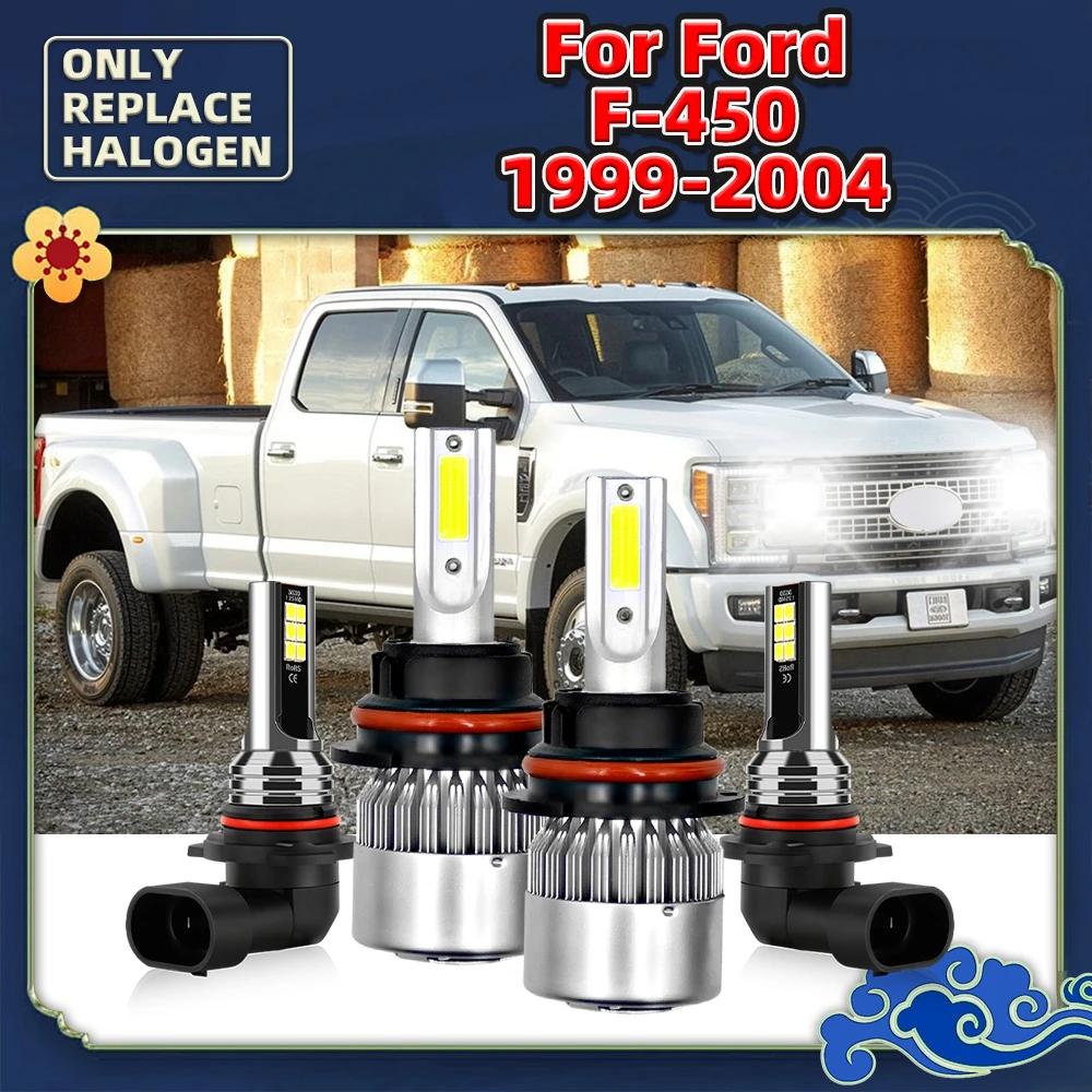 Front Turbo LED Headlight Bulbs 6000K + 12V Fog Lamps For Ford F-450 Auto Cars 2004 2003 2002 2001 2000 1999 Replace Luces Kit