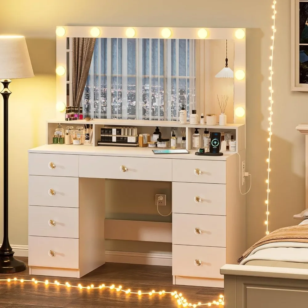 Vanity Desk with Large Mirror and Lights, Super Storage Space Makeup Vanity with 9 Drawers & Power Outlet, Makeup Desk Dressing