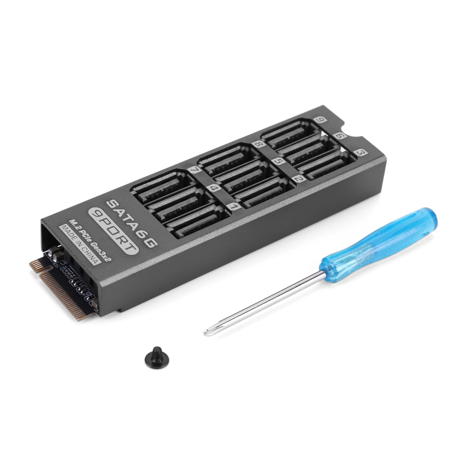 PCIe M.2 NVMe M-Key 9-Port SATA 6Gbps NAS Storage Expansion Card Adapter with Aluminum Alloy Enclosure