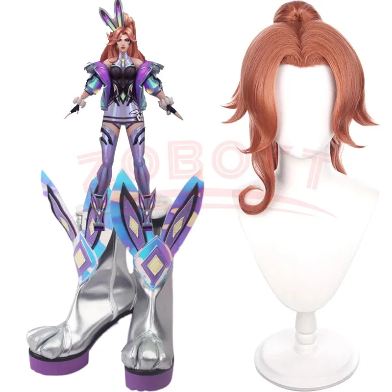 LOL Schlacht Bunny Miss Fortune Schuhe Cosplay Frauen Stiefel LOL Miss Fortune Cosplay Perücken 80cm Lange Braun mit Pferdeschwänzen haar + kappe