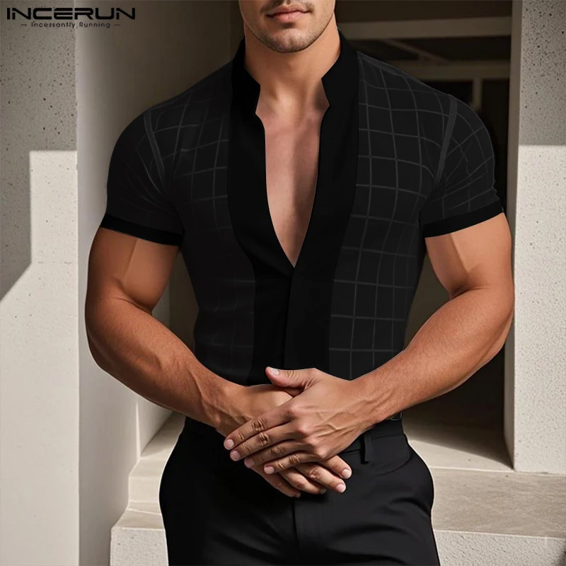 INCERUN Men Shirt Plaid Mesh Patchwork Stand Collar Short Sleeve Men Clothing See Through Streetwear Sexy Fashion Male Shirts