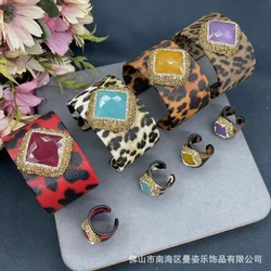 New leopard print inlaid malay jade jewelry set bracelet ring two-piece set European and American fashion leather