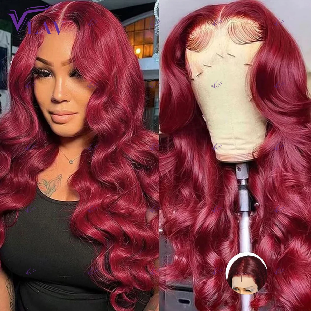 

10-36 Inch Body Wave 360/13×6 HD Transparent Lace Wigs PrePlucked For Women Glueless Wigs Human Hair 99J Burgundy Color Wig VLAV