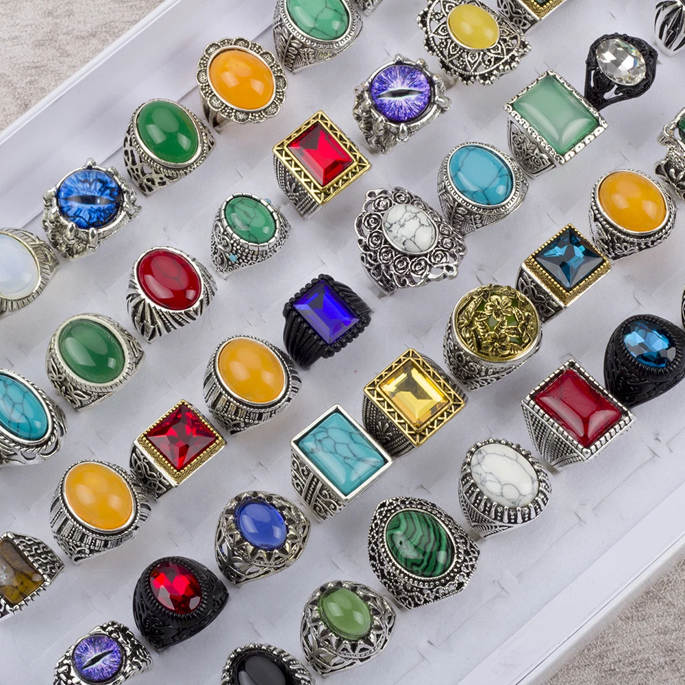 10/20/30 Pcs/Lot Vintage Rings For Men Women Colorful Stone Carved Flowers Fashion Jewelry Accessories Party Gift