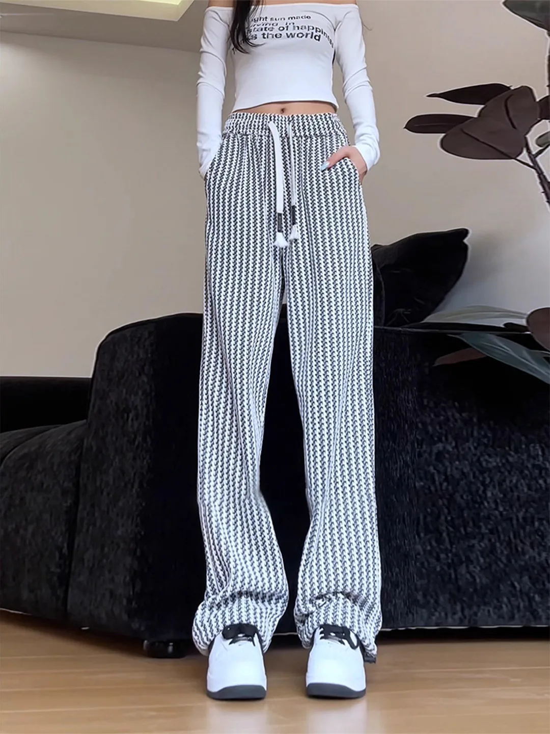 High Waist Straight Leg Casual Pants Men's Autumn Slimming Black White Fishbone Stripe Small Fragrance Style Sporty Leisure T...