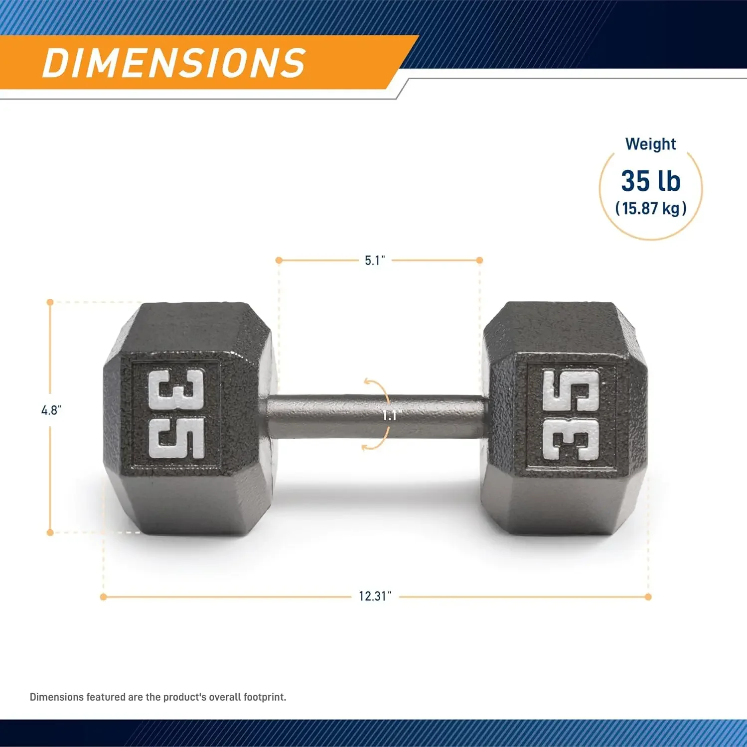 Coleção de halteres hexagonais de ferro fundido, punho recartilhado, cabeça sem rolo, tamanho disponível de 35 a 50 lb, vendido individualmente