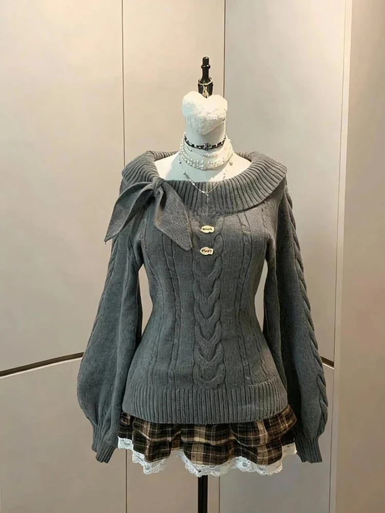 Chirstmas Knitted Sweater Women Winter Off Shoulder Red Pullover Y2k Vintage Clothing Slim Fit Jumpers Casual Long Sleeve Korean