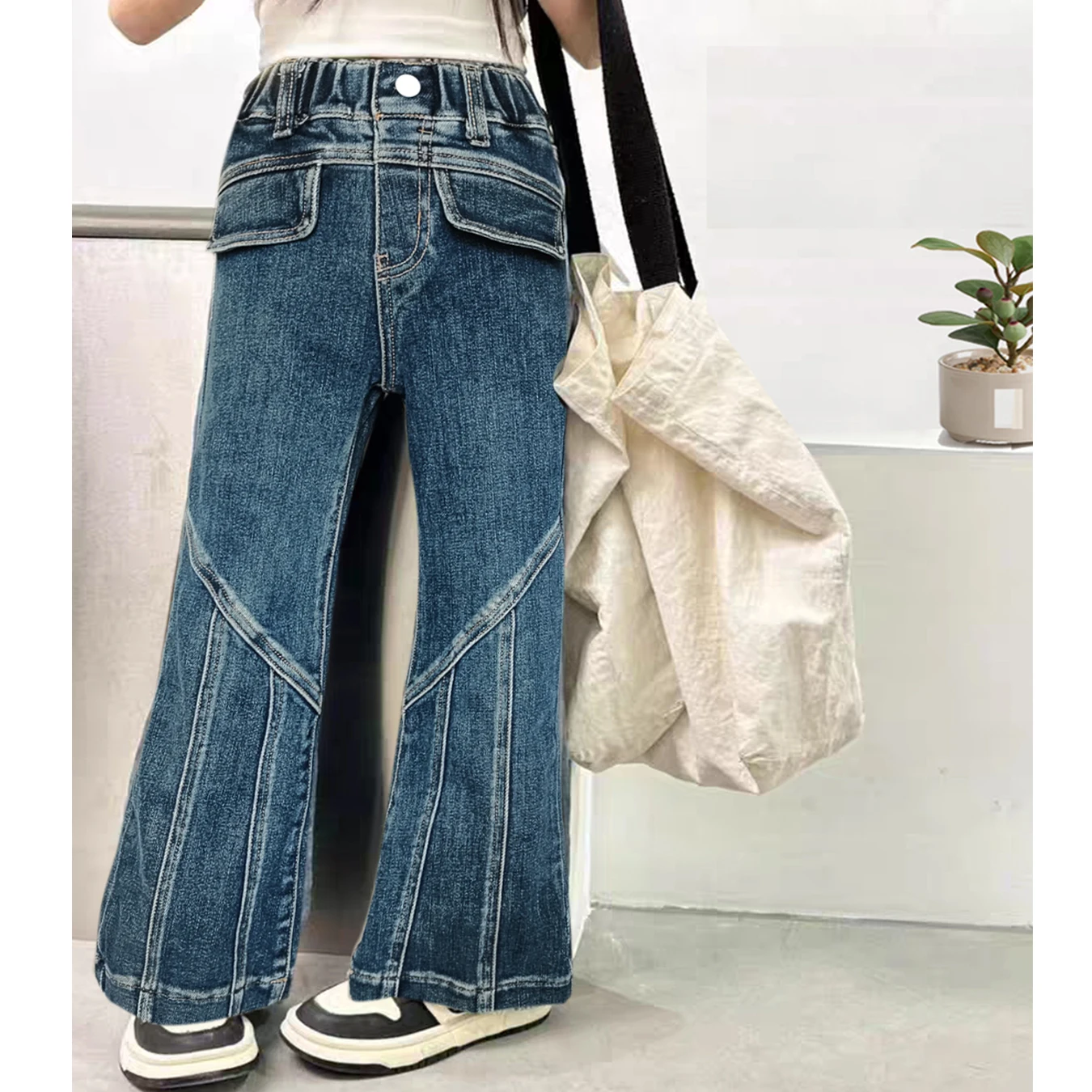 

5149 Elastic Waist girls denim pants boot cut kids jeans