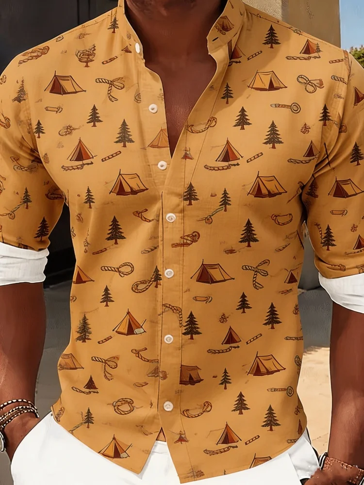 

Mens Stylish Slim Fit Shirt Funny Tent Tree Pattern Long Sleeve Plus Size Retro Casual Adventure Vacation Blouse