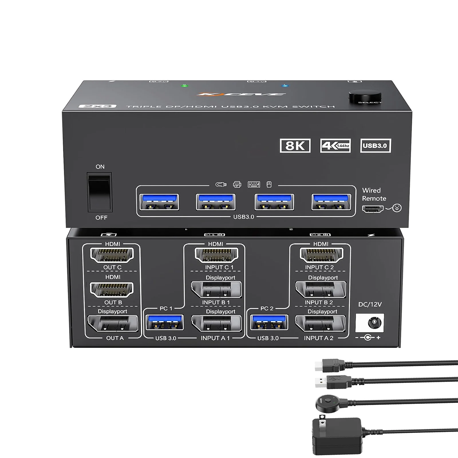 2HDMI + Displayport KVM Switch 3 Monitors 2 Computers 8K@60Hz 4K@144Hz,Triple Monitor KVM Switch for 2 Computers Share 3 Monitor