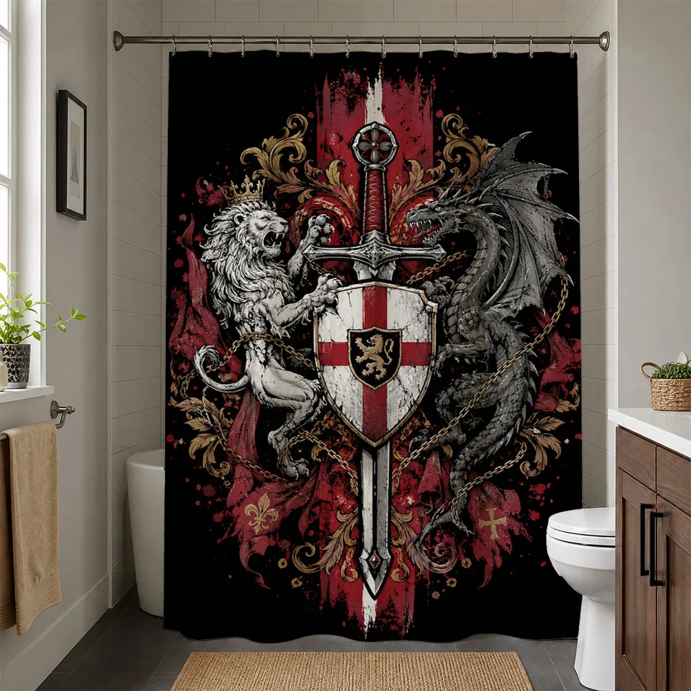 Gothic Dragon and Lion Crest Bathroom Shower Curtain Dark Fantasy Medieval Tapestry Shower Curtain