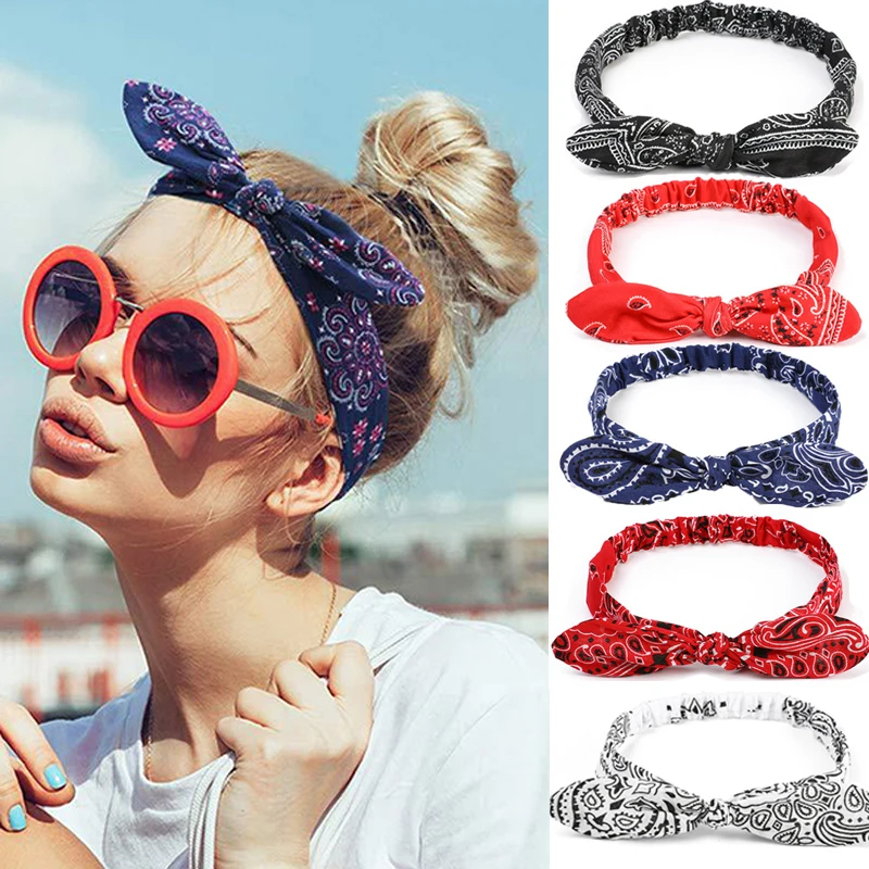 New Women Boho Soft Solid Print Headbands Vintage Cross Bowknot Elastic Hairbands Hair Tie Turban Bandanas Girl Hair Accessories