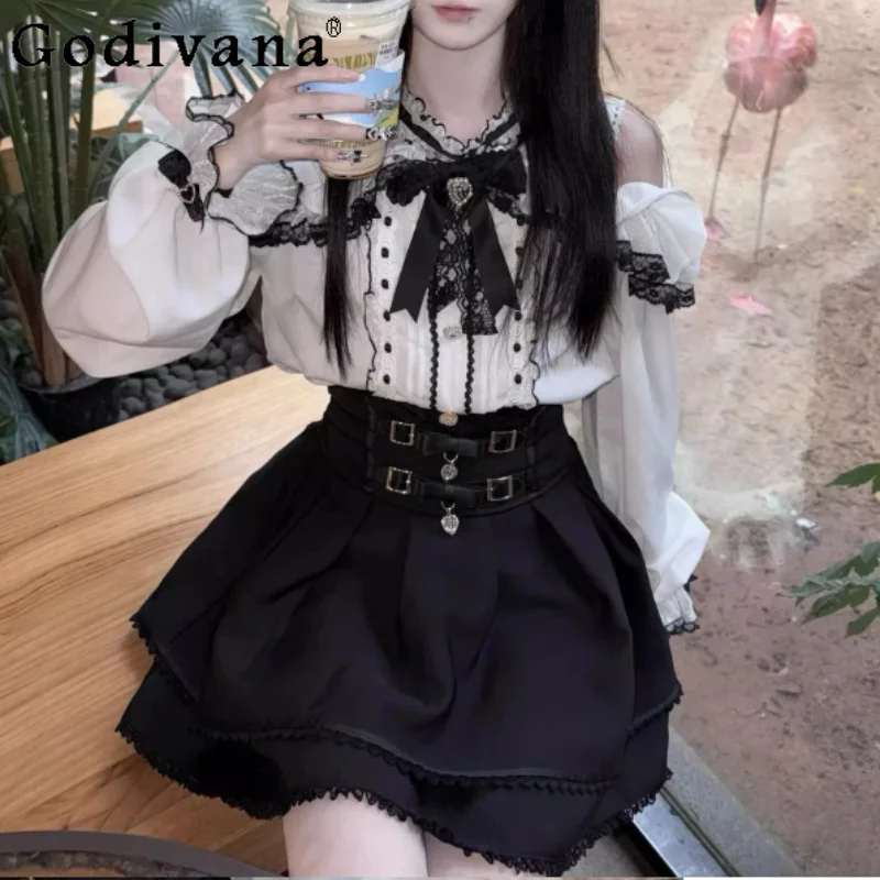 New Japanese Subculture Sweet Sets Women Long Sleeve Off-the-shoulder Lace Shirt Fashion High Waist A-line Age-reducing Skirt