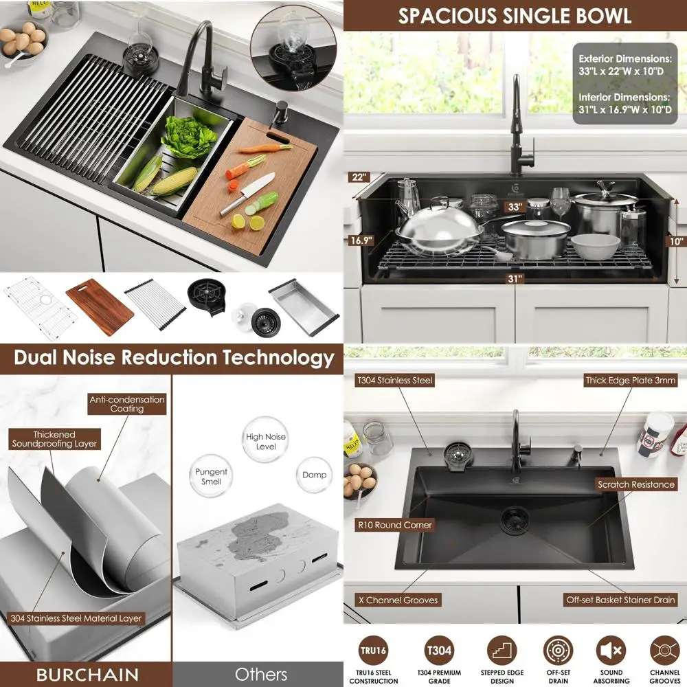 

Luxury 16-Gauge Stainless Steel Single Bowl Kitchen Sink, 33x22 Inches, Black Drop-In Design