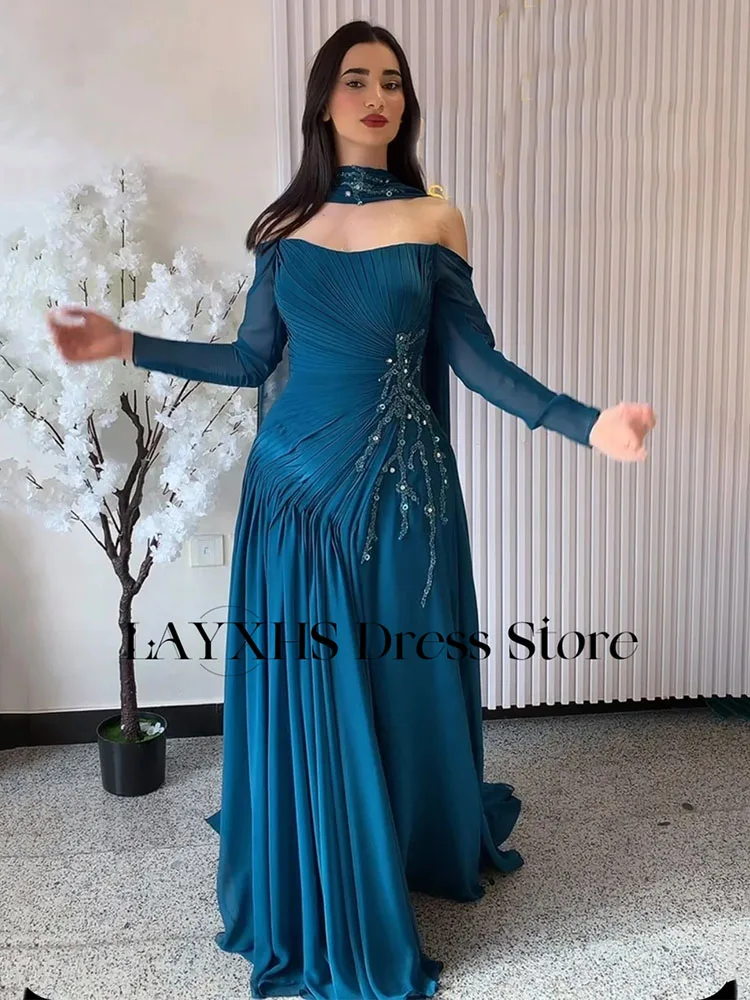 LAYXHS tempérament hors de l'épaule robe de soirée à manches longues Applique a-ligne plissée robe de bal personnalisée