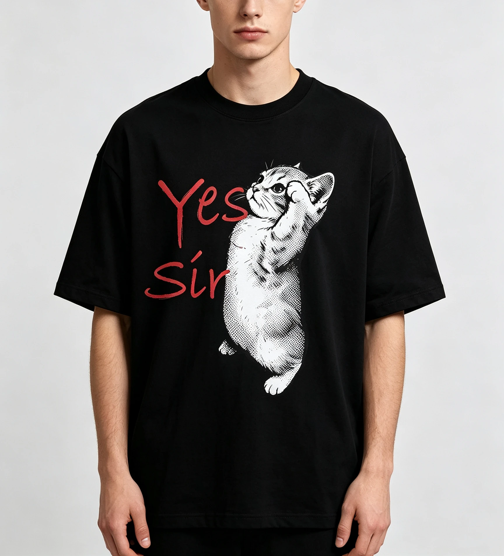 Unisex Cute Salute Kitten Yes Sir Letter Graphic T‑Shirt Men Women Funny Pet Animal Oversized Cotton Tee