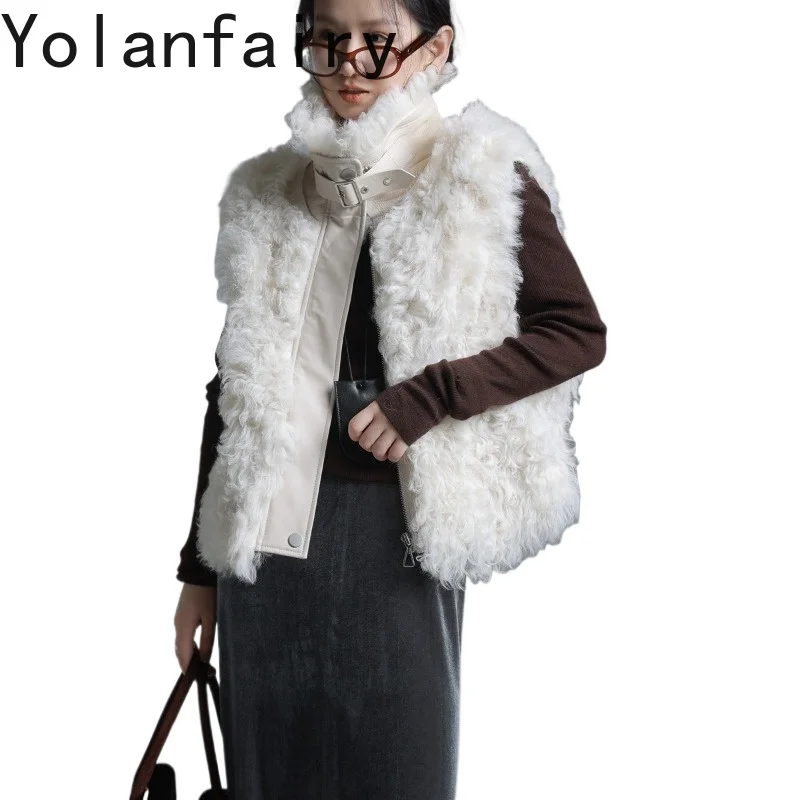 

YOLANFAIRY Natural Sheepskin Fur Integrated Vest for Woman Autumn Winter Moto Jacket Cropped Sleeveless Real Fur Coat Waistcoat