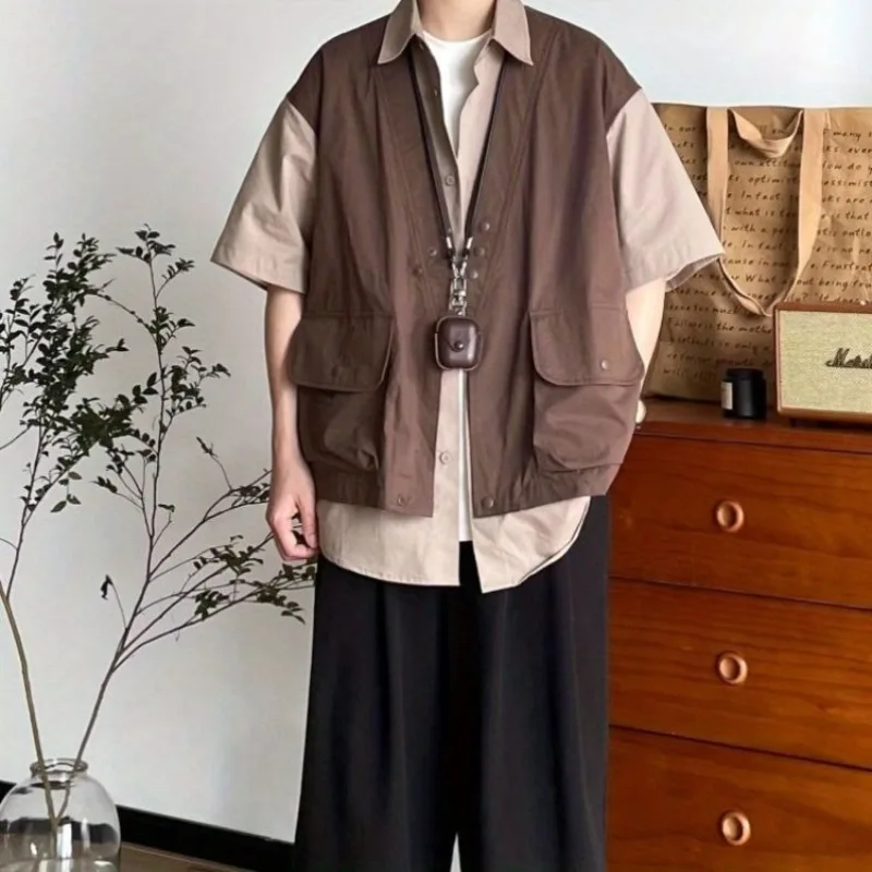 

Мужская японская ретро-рубашка с коротким рукавом, комплект из двух предметов, с цветовыми блоками, в стиле пэчворк, с эффектом многослойности, в стиле рабочей одежды, универсальная повседневная блузка