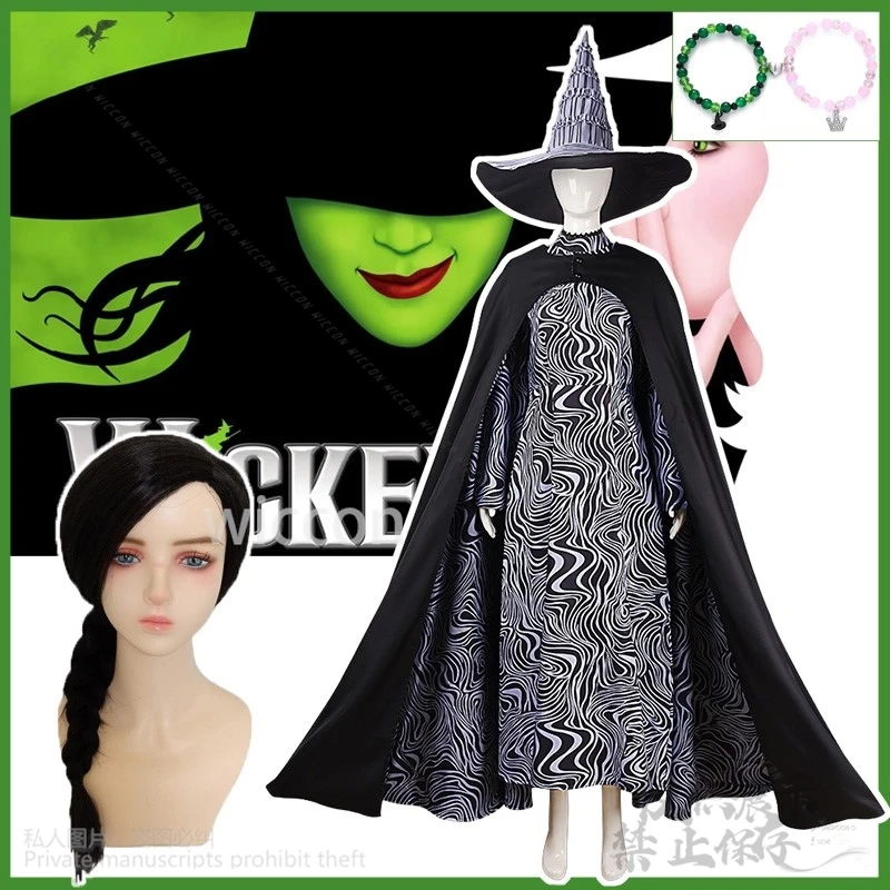 Anime Movie Wicked Cosplay Elphaba Costume Abito da strega nero Goth Lolita Cappello per donna Ragazze Parrucche Set completo Cos personalizzato