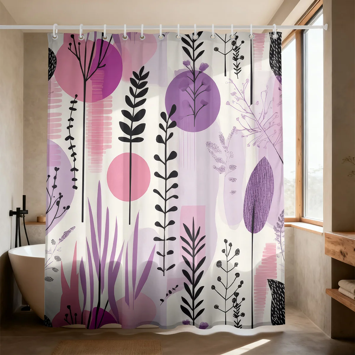 Modern Abstract Botanical Shower Curtain Polyester Digital Printing Artistic Composition of Purple‑pink Circles, Black Sketch